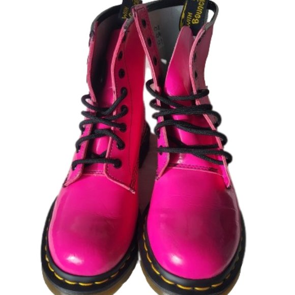 Dr. Martens Shoes - Dr. Martens Hot Pink Patent Leather Lamper 1460 Lace-Up Combat Boots